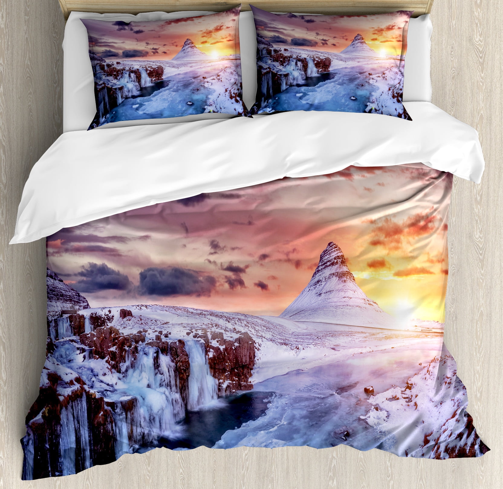 Snow Mountain Duvet Cover Set, Mount Kirkjufell at Iceland with Frozen ...
