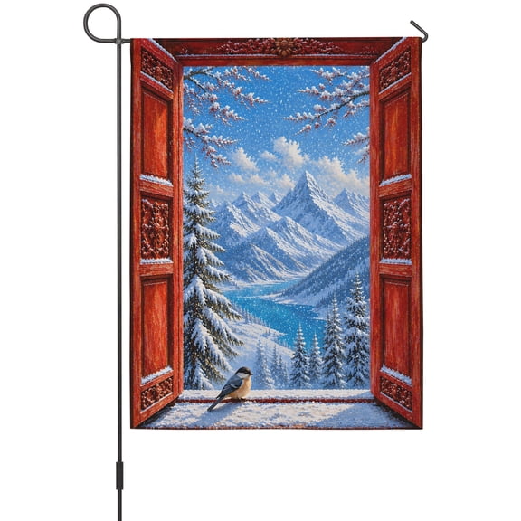 Snow Mountain Garden Flag 12 x 18 Inches, Open-window Winter Snow Peaks Pine Trees Bird Weather Proof Outdoor Patio Flags Double Sided Small Garden Decoration for Yard Outside Home