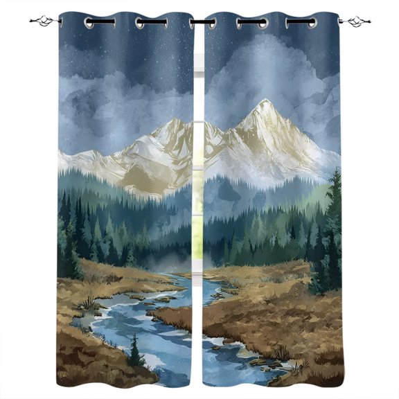 Snow Mountain Kitchen Curtains Green Forest Blue Sky River Cafe Short Curtains for Bathroom Blackout Window Curtain Grommet Small Window Treatment Tier Drapes for Bedroom Living Room 27.5"x39"x2