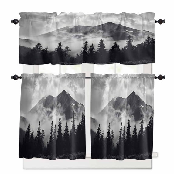 Snow Mountain Kitchen Curtains and Valances Set, Nature Scenery Black Forest Minimalist Rod Pocket Window Valance 18 Inch Window Curtain Panels for Living Room Bedroom Laundry, 27.5x36in, 3 Pieces