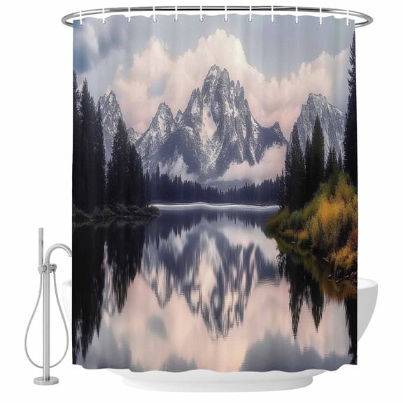 Snow Mountain Lake Fabric Shower Curtain Forest Cloud Washable Shower Curtains for Bathroom, Waterproof Bath Curtain with Hooks Home Decor 36x72in