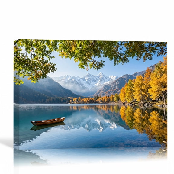 Snow Mountain Lake Landscape Wall Art Autumn Forest Reflection Nature Canvas Print Rustic Cabin Decor Ready to Hang for Living Room 12"L x 8"W