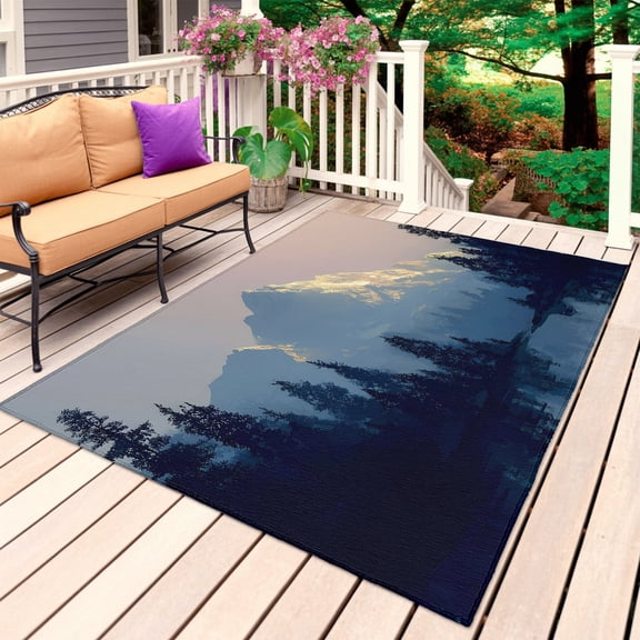 Snow Mountain Lake Outdoor Rug for Patio/Deck/Porch, Non-Slip Large Area Rug 3 x 5 Ft, Black Pine Forest Farmhouse Modern Indoor Outdoor Rugs Washable Area Rugs, Reversible Camping Rug Carpet Runner