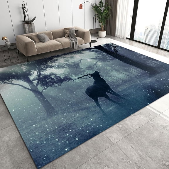 Snow Mountain Natural Scenery Area Rugs, Cartoon Animal Deer Black Forest Living Room Carpet, Entrance Carpet Durable Fast Drying Apply to Children's Room Entrance Door 5x7ft