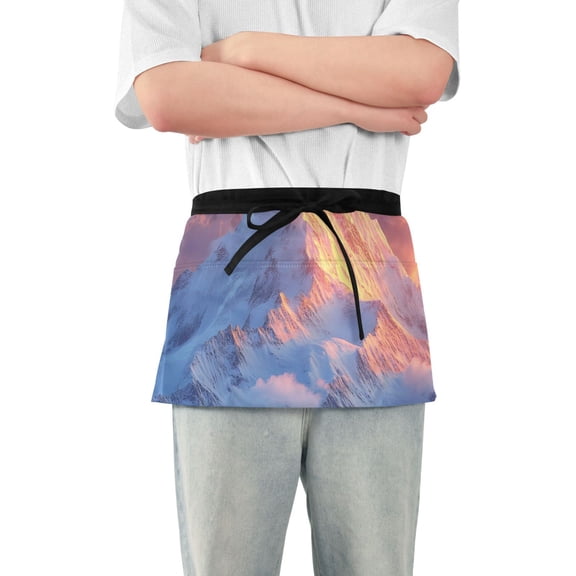 Snow Mountain Of Sunrise Clouds Short Server Apron with 3 Pockets for Unisex Chef Gardening