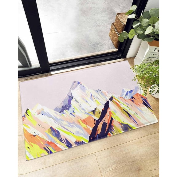 Snow Mountain Oil Painting Art Doormat Shaggy Plush Rug, Comfy Furry Floor Area Rugs Mountains Yellow Purple Cozy Throw Shag Carpets Indoor Entrance Decor Door Mats