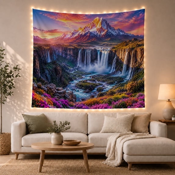 Snow Mountain Peaks With Waterfalls And Wildflowers, Majestic Photorealistic for Nature Lovers, Landscape Wall Art Decor, Housewarming Gift, Tapestry Wall Hanging for Living Room and Bedroom