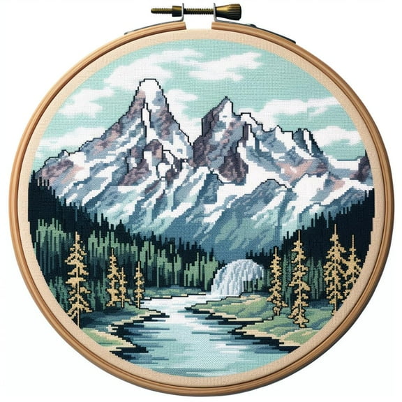 Snow Mountain Round Shape Stamped Cross Stitch Kits for Beginners Easy with Hoop 11CT Needlepoint Embroidery DIY Counted Cross Stitch Kits Art Craft Wall Decoration 35x35cm(3)