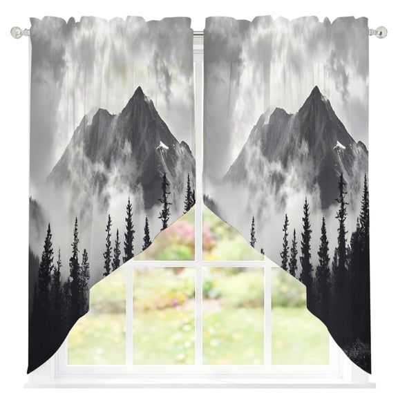 Snow Mountain Sheer Curtains Swag Valances for Windows Nature Scenery Black Forest Minimalist Rod Pocket Swag Curtain Small Window Curtain for Kitchen Living Room Bedroom, 1 Pair 36"W x 36"L