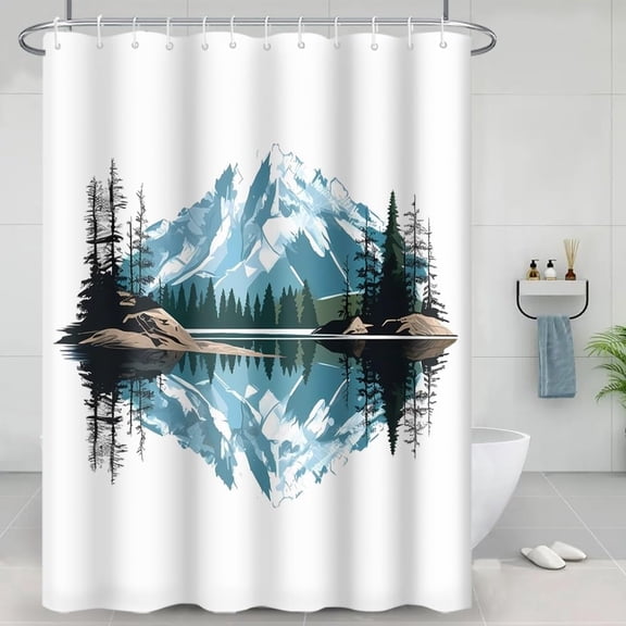 Snow Mountain Shower Curtain Pine Forest Lake Reflection Image Nature Landscape Shower Curtains for Bathroom Decor Waterproof Fabric Set with Hooks, 72x84 Inch