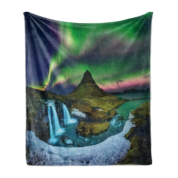 Snow Mountain Soft Flannel Fleece Throw Blanket, Aurora Borealis Image at Mount Kirkjufell of Iceland in Winter Season, Cozy Plush for Indoor and Outdoor Use, 50" x 70", Multicolor, by Ambesonne