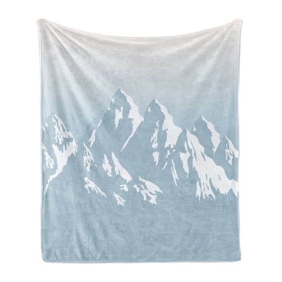 Snow Mountain Soft Flannel Fleece Throw Blanket, Snow-capped Mount Range Illustration Art on Foggy Background, Cozy Plush for Indoor and Outdoor Use, 50" x 70", Pale Blue Grey and White, by Ambesonne