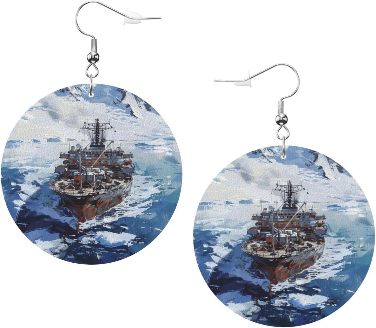 Snow Mountain Steamship Earrings for Women PU Leather Dangle Earrings, lightweight comfortable Round Shape Leather Teardrop Dangly Ear Pendants Jewelry Gift[h045]