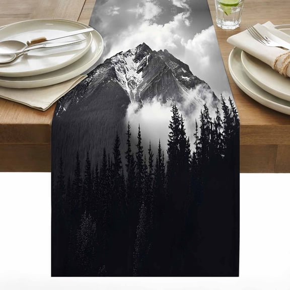 Snow Mountain Table Runner 13x48 inch Nature Scenery Black Forest Minimalist Art Cotton Linen Dining Table Runner Ideal for Dresser Kitchen Coffee Tables - Machine Washable