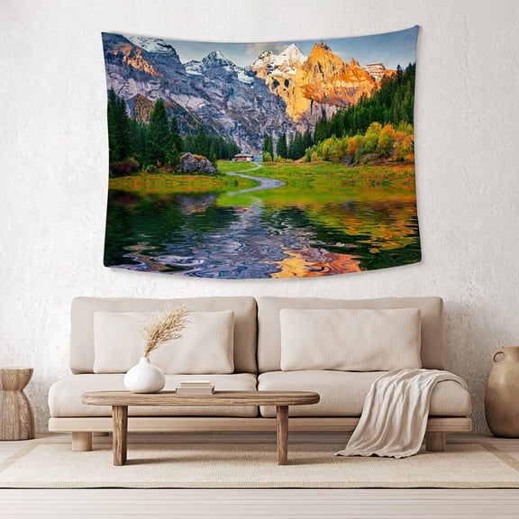 Snow Mountain Tapestry Wall Hanging, Autumn Forest Lake Swiss Alps Nature, Polyester for Home Wall Decor Gift