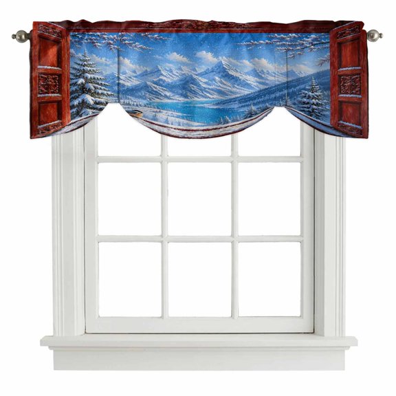 Snow Mountain Tie Up Valances Curtain, Open-window Winter Snow Peaks Pine Trees Bird Adjustable Valance for Window Light Filtering for Kitchen and Bathroom Rod Pocket 1 Panel 54x18in