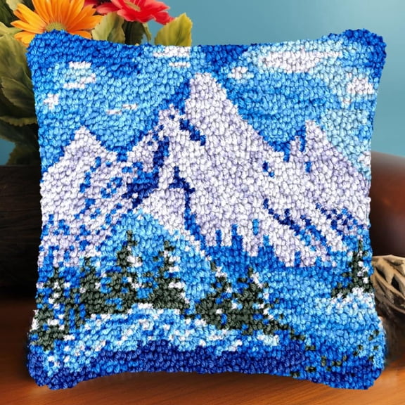 Snow Mountain Tree Latch Hook Kits Pillow Crochet Yarn Rug Pre-Printed Cushion Needlework Pillowcase Hook and Latch Kit Christmas Home Sofa Decoration 43x43cm(3)