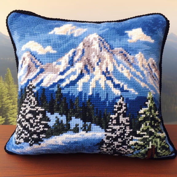 Snow Mountain Tree Latch Hook Kits Pillow Crochet Yarn Rug Pre-Printed Cushion Needlework Pillowcase Hook and Latch Kit Christmas Home Sofa Decoration 43x43cm(4)