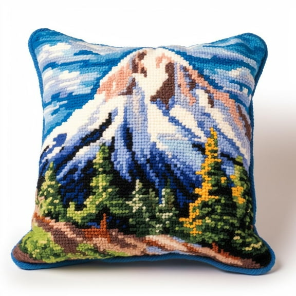 Snow Mountain Tree Latch Hook Kits Pillow Crochet Yarn Rug Pre-Printed Cushion Needlework Pillowcase Hook and Latch Kit Christmas Home Sofa Decoration 43x43cm(1)