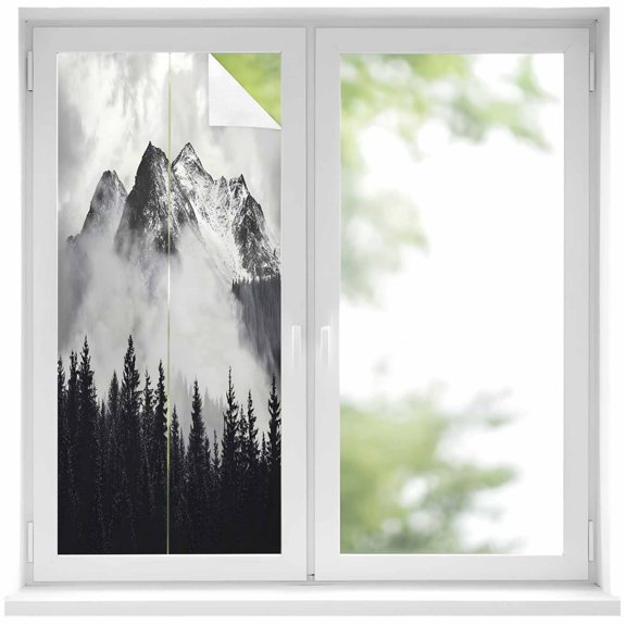 Snow Mountain Window Privacy Film 19.6x39.3in Nature Scenery Black Forest Vintage Style Decorative Window Film with Static Cling, UV Filtering Window Cling Privacy Film for Glass Doors and Windows