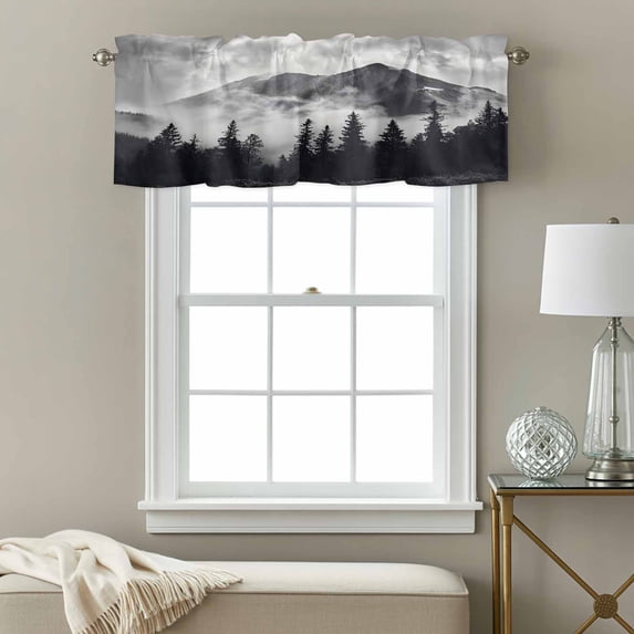 Snow Mountain Window Valance for Kitchen, Nature Scenery Black Forest Minimalist Rod Pocket Short Curtain for Small Windows, Light Filtering Decorative Valance, 54 x 18 Inch, 1 Panel