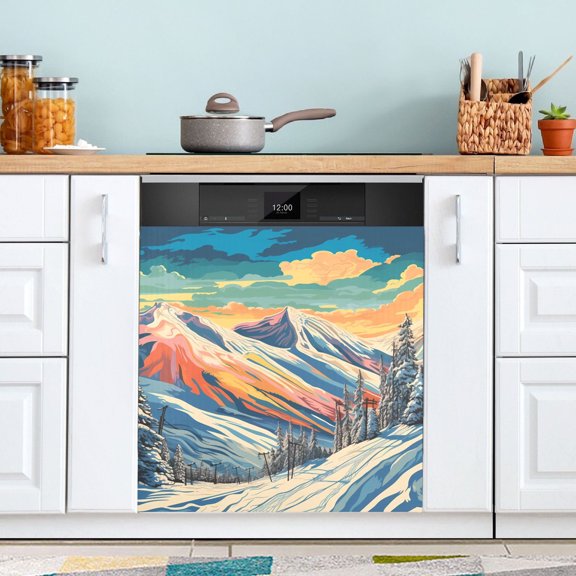 Snow Mountain and Tree Dishwasher Magnet Cover Magnetic Fridge Door Cover Home Kitchen Decor 23"x 26"