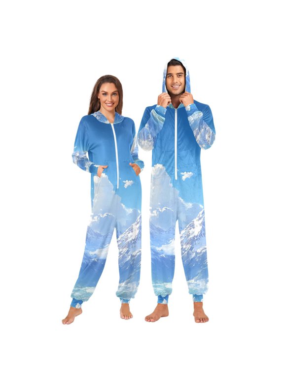 Snow Mountains Clouds Adult Onesie Pajamas Slim Fit Christmas One Piece Suit Pjs for Women and Men Hooded Zipper