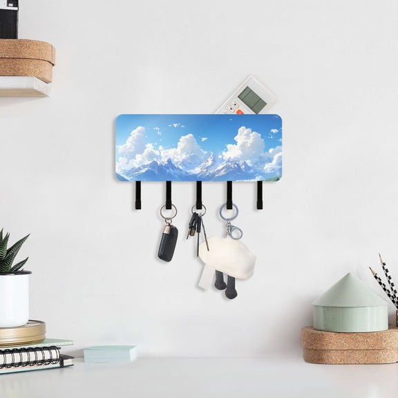 Snow Mountains Clouds Key Holder for Wall Mail Holder Organizer with 5 Key Hooks Wall Mount Key Rack with Shelf
