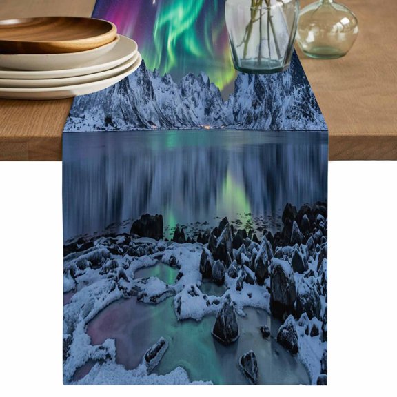 Snow Mountains Lake Table Runner 36 Inches Long,Colorful Polar Lights Natural Scenery Cotton Linen Table Runners Dresser Scarves,Fabric Tabletop Scarf Furniture Cover for Home Dinner Party 13"x36"