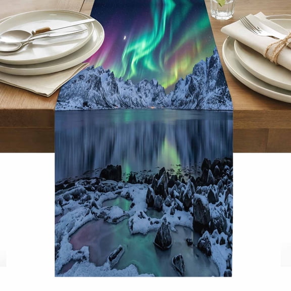 Snow Mountains Lake Table Runner Colorful Polar Lights Natural Scenery Tablerunners 13 x 36 Inch, Table Decorations Tabletop Scarf for Summer Gathering Holiday Farmhouse Kitchen Dining Decor
