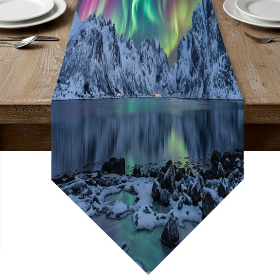 Snow Mountains Lake Table Runner Linen Burlap Table Runner 48 Inches Long Colorful Polar Lights Natural Scenery Dresser Scarves for Kitchen Island Coffee Dining Room Party Holiday Decor 13"x48"