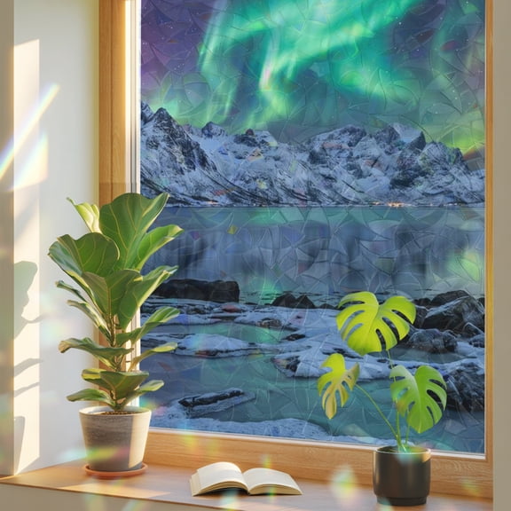 Snow Mountains Lake Window Privacy Film Rainbow Static Cling Stain Glass Window Film for Glass Door, Decorative Sunroof Decal Sticker for Car 17.7"x39.3" Colorful Polar Lights Natural Scenery