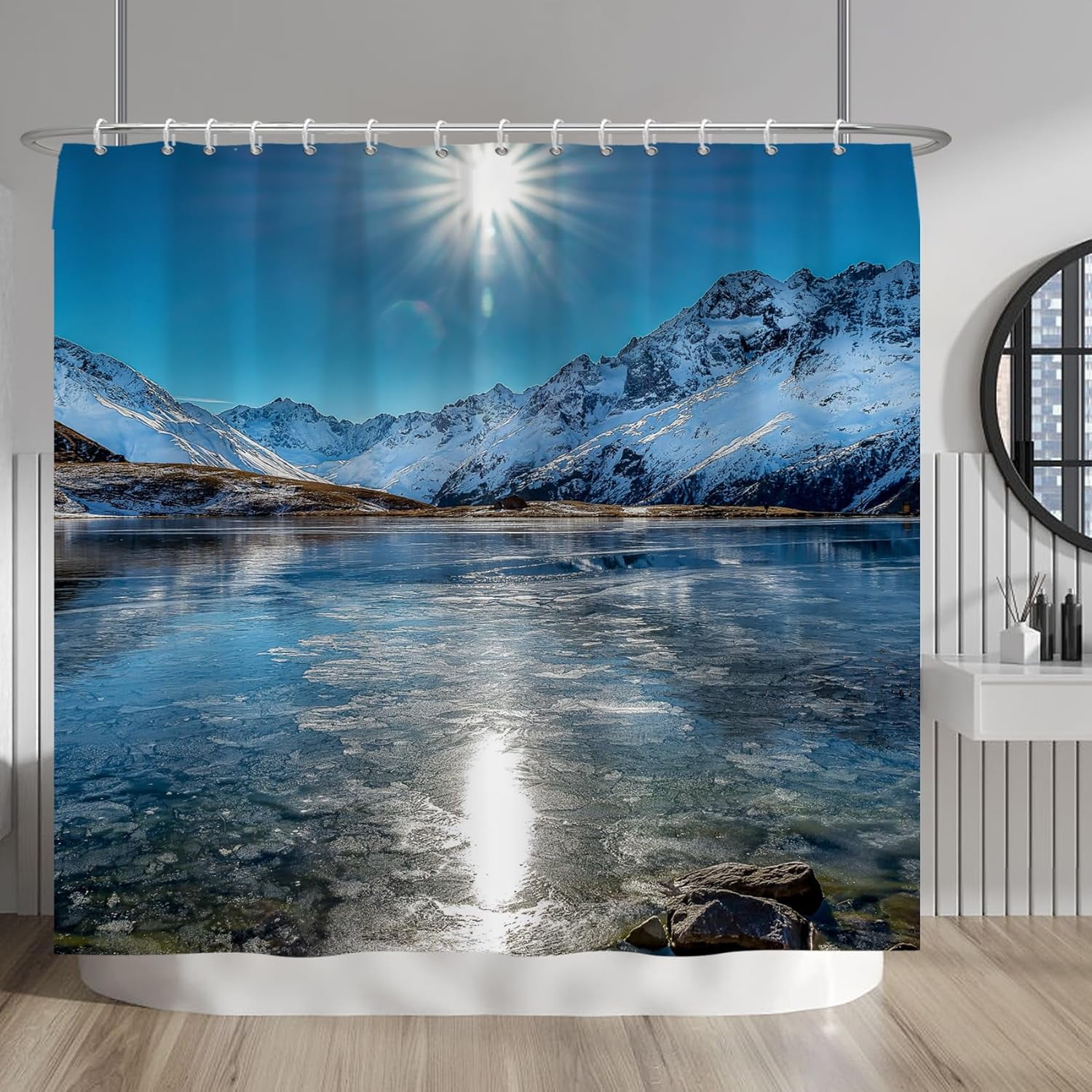 Snow Moutain Lake Bath Curtains Shower with Hooks Nature View Winter Bathroom Shower Curtain Set 84x72 Inch Sunshine Frozen River Decorative Bath Set Waterproof Fabric Bath Curtain with Hooks