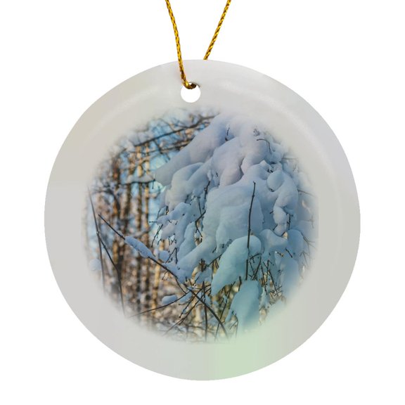 3drose, Snow on a Tree Branch in a Winter Forest on a Sunny Day, Circle Porcelain Ornament