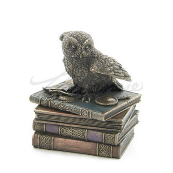 Snow Owl Flap Wings on Books Trinket Box - Bronze