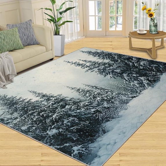 Foresty Rug Snow Pine Winter Forest Area Rug, Non-Slip Machine Washable Carpet for ...