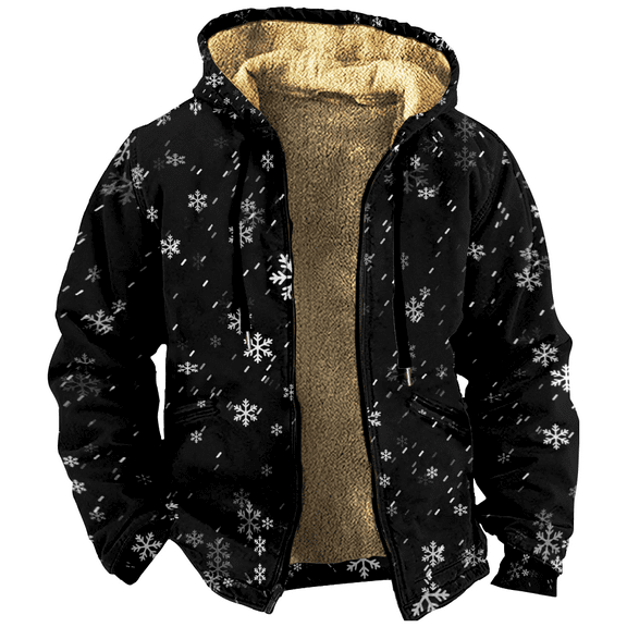 Snow Print Zipper Hoodie Men's Long Sleeve Jacket Fashion Streetwear Thickened Winter Coat