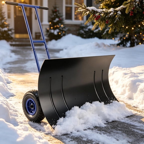 Snow Pusher, 29 inch wheeled, 7-angle blade with wear strip, blue, for driveway use