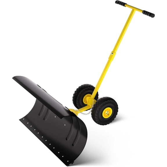 Snow Pusher, Heavy-Duty 2-Wheel Snow Shovel with Adjustable Height T-Shaped Handle, 36" Wheeled Snows Shovel for Garden, Doorway, Yard, Driveway and Easy to Clear, Yellow