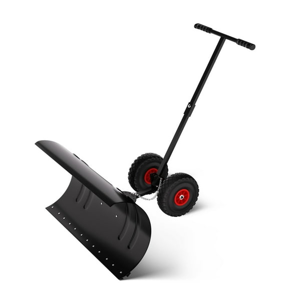 Snow Pusher with Wheels, 29" Heavy Duty Steel Blade, Adjustable Angle & Height Handle for Effortless Driveway Snow Removal, Ground Protection Base.
