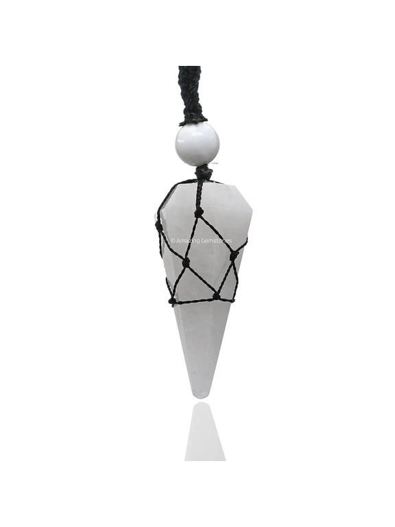 Snow Quartz Crystal Stone Holder Necklace Pendulum, Unique Women Men Necklace (Black Macrame)