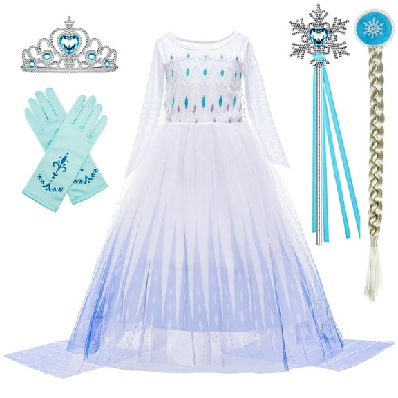 Snow Queen Act 2 Elsa Costumes Princess Dresses Elsa Dress for Girls with Wig,Crown,Magic Wand ,Gloves 6-7Years(K11)