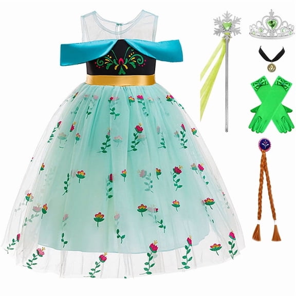 Snow Queen Princess Costume Birthday Party Dress Up for Little Girls with Wig,Crown,Wand,Gloves 3-7Years
