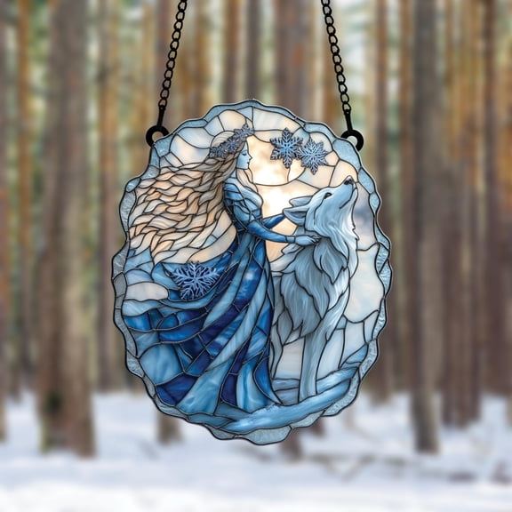 Snow Queen and Wolf Faux Stained Glass Suncatcher – Acrylic Fairy Window Hanging with Frozen Theme, Forest Fantasy Gift for Myth Lover