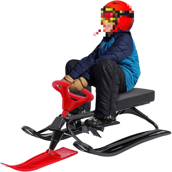 Snow Racer Sled, Twin Brakes Ski Sled Slider Board with Steering Wheel & Bicycle Handle for Kids Age 3-15 Years (Red)$$Sport & Recreation Other