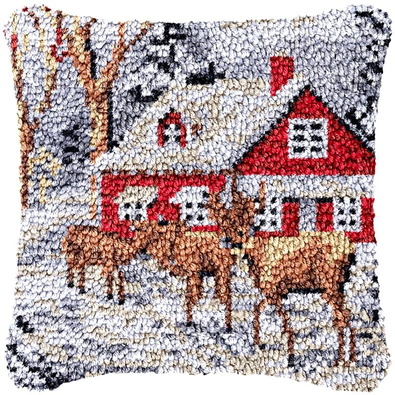 Snow Reindeer Latch Hook Pillow Cover Kits for DIY Handmade Throw Pillow Cross Stitch Latch Hook Pillowcase Rug Kits with Preprinted Color Pattern Canvas Crochet Yarn Kits 17''X 17''(ch88)