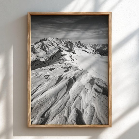Snow Ridge Print Black And White Mountain Wall Art Wind Sculpted Poster Winter Alpine Winter Gift, Poster Only