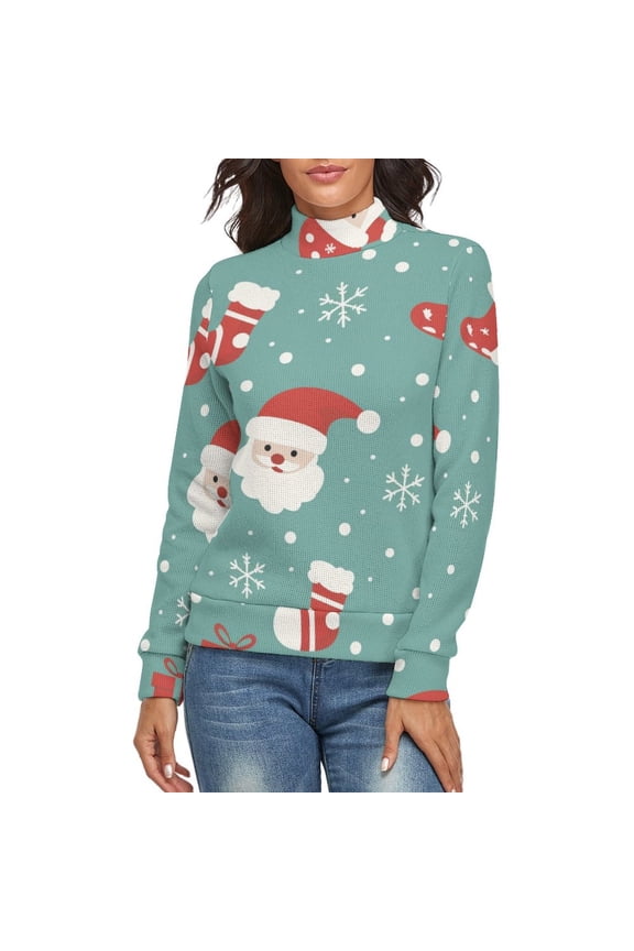 Snow Santa Gift Sock Christmas Pattern Women's Turtleneck Sweater Long Sleeve Ribbed Fitted Turtle Neck Casual Fall Winter Collection Top L