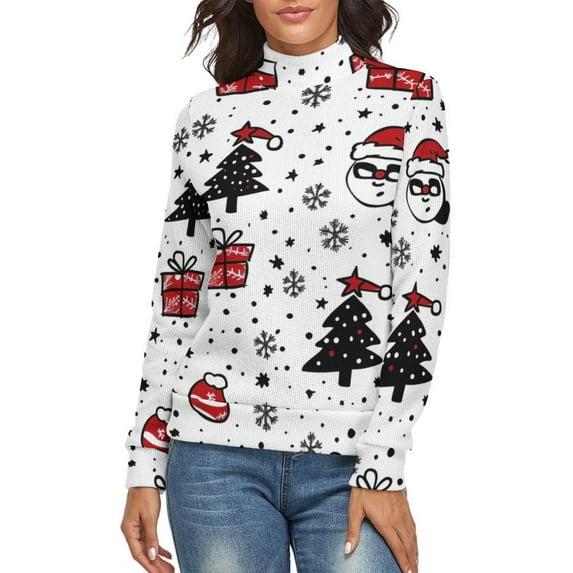 Snow Santa Gift Sock Christmas Pattern Women's Turtleneck Sweater Long Sleeve Ribbed Fitted Turtle Neck Casual Fall Winter Collection Top S