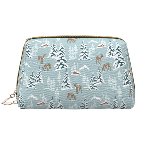 Snow Scene Deer Tree House Makeup Bag, Leather Waterproof Travel Toiletry Bag, Large Capacity Cosmetic Bag Make up Bags Organizer fro Travel Size Toiletries Women Girls
